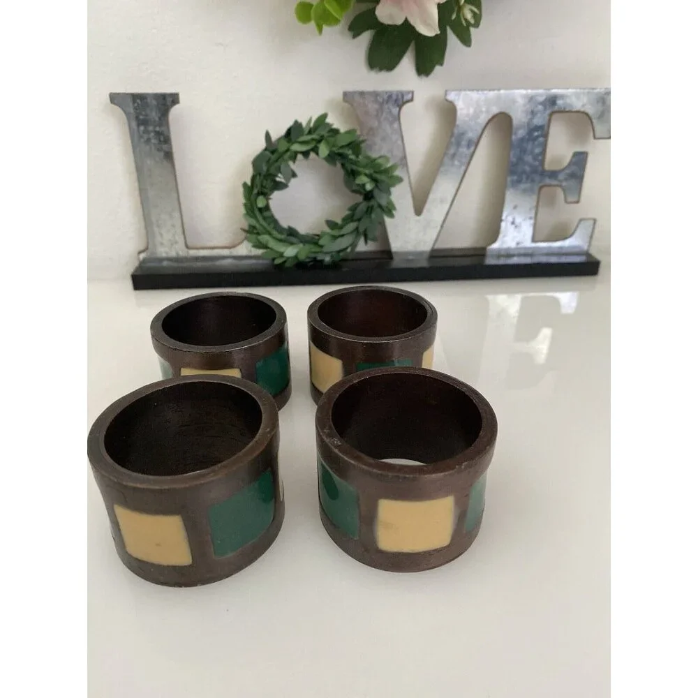 Vintage 1980s Pier 1 Napkin Rings Bronze Green Yellow Inlay Set of 4‎ Retro EUC